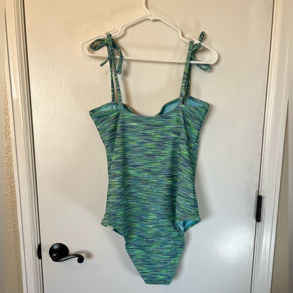 AERIE Blue and Green Cheeky One Piece Shoulder Tie Bathing Suit | XL - Picture 5 of 10